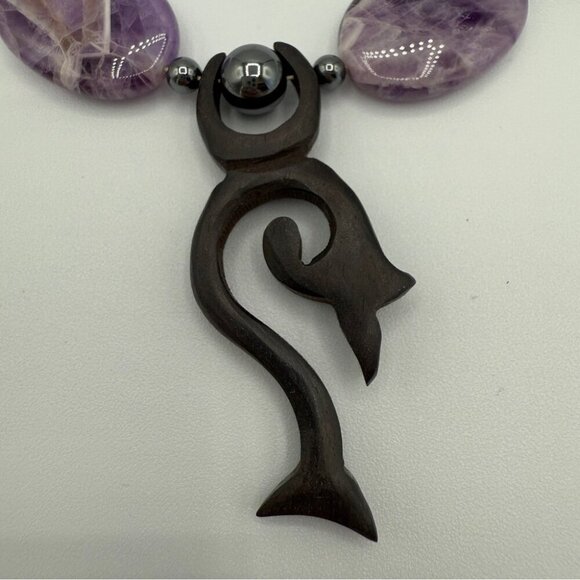 Unique Genuine Amethyst and Tourmaline Stone Beaded Tribal Pendant Necklace - Picture 7 of 10